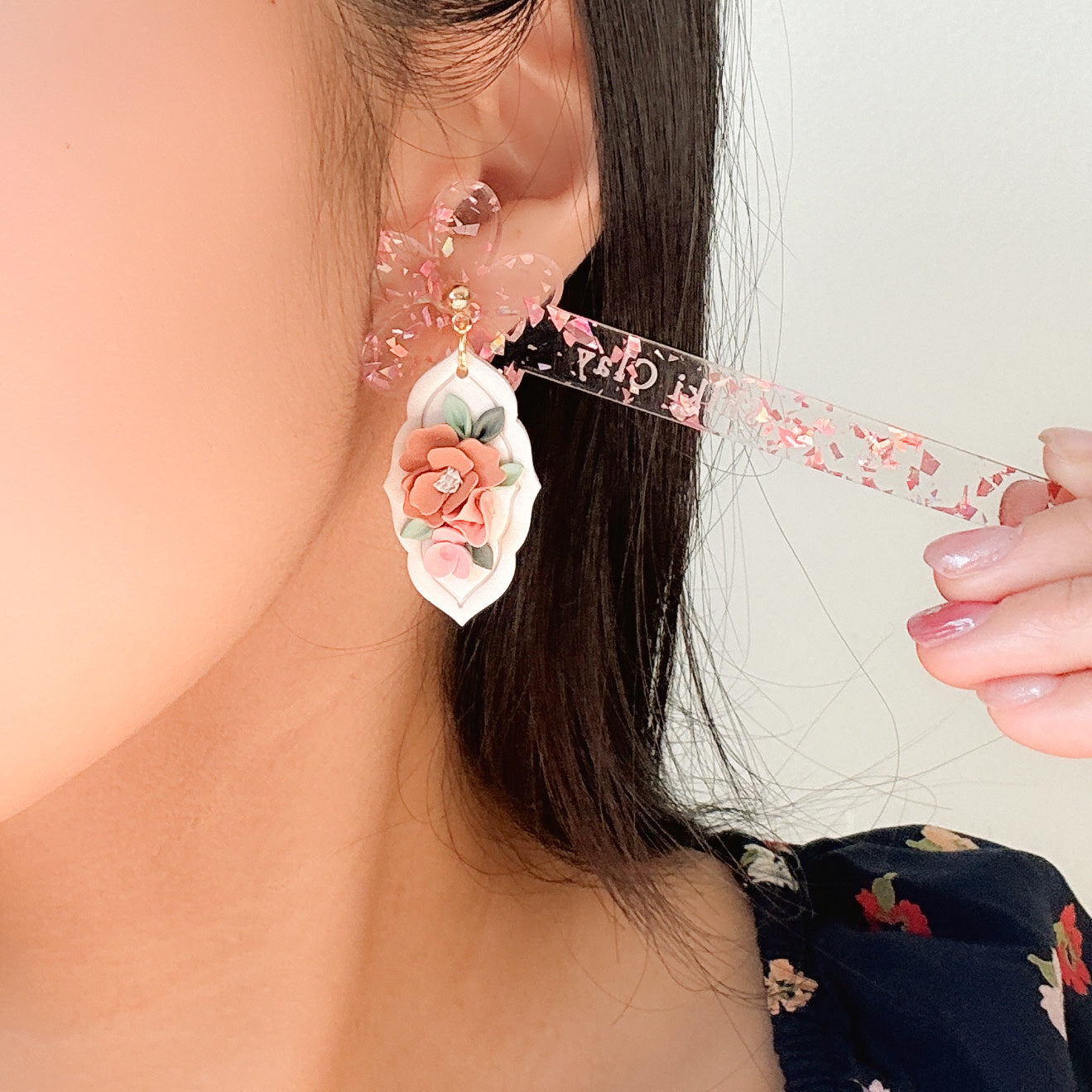 Peach + Pink Floral Dangle Earrings